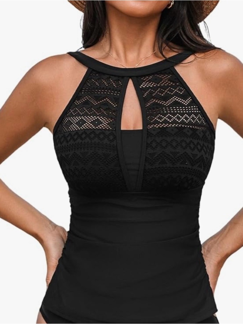 CUPSHE~Black High Neck Lace Accent Tankini Top~TOP ONLY~